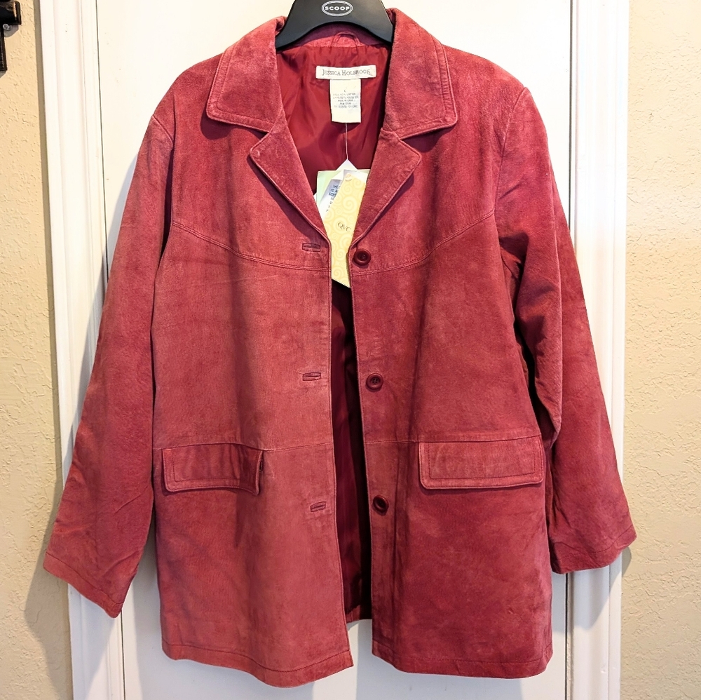 NWT Pink Genuine Leather Jacket Button Front Coat Large Jessica Holbrook